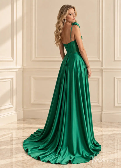 One Shoulder Satin Prom Dresses with Corset Bodice, Floral Strap, Slit & Pockets AS125