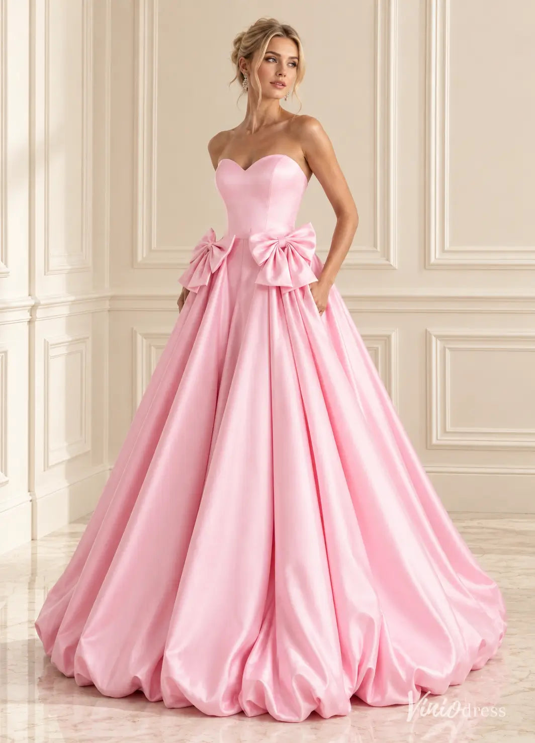 Strapless Satin Bubble Prom Dresses with Sweetheart Neckline & Side Bows AS126
