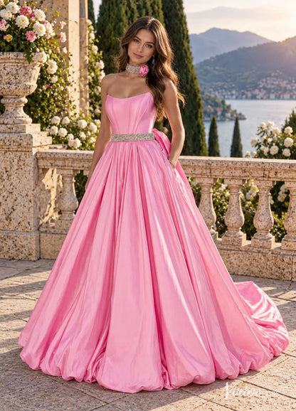 Strapless Satin Bubble Prom Dresses with Rhinestone Choker, Corset Bodice & Back Bow AS127