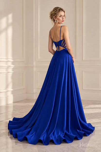 Satin Corset Prom Dresses with Sheer Boned Bodice, High Slit & Lace-Up Back AS129