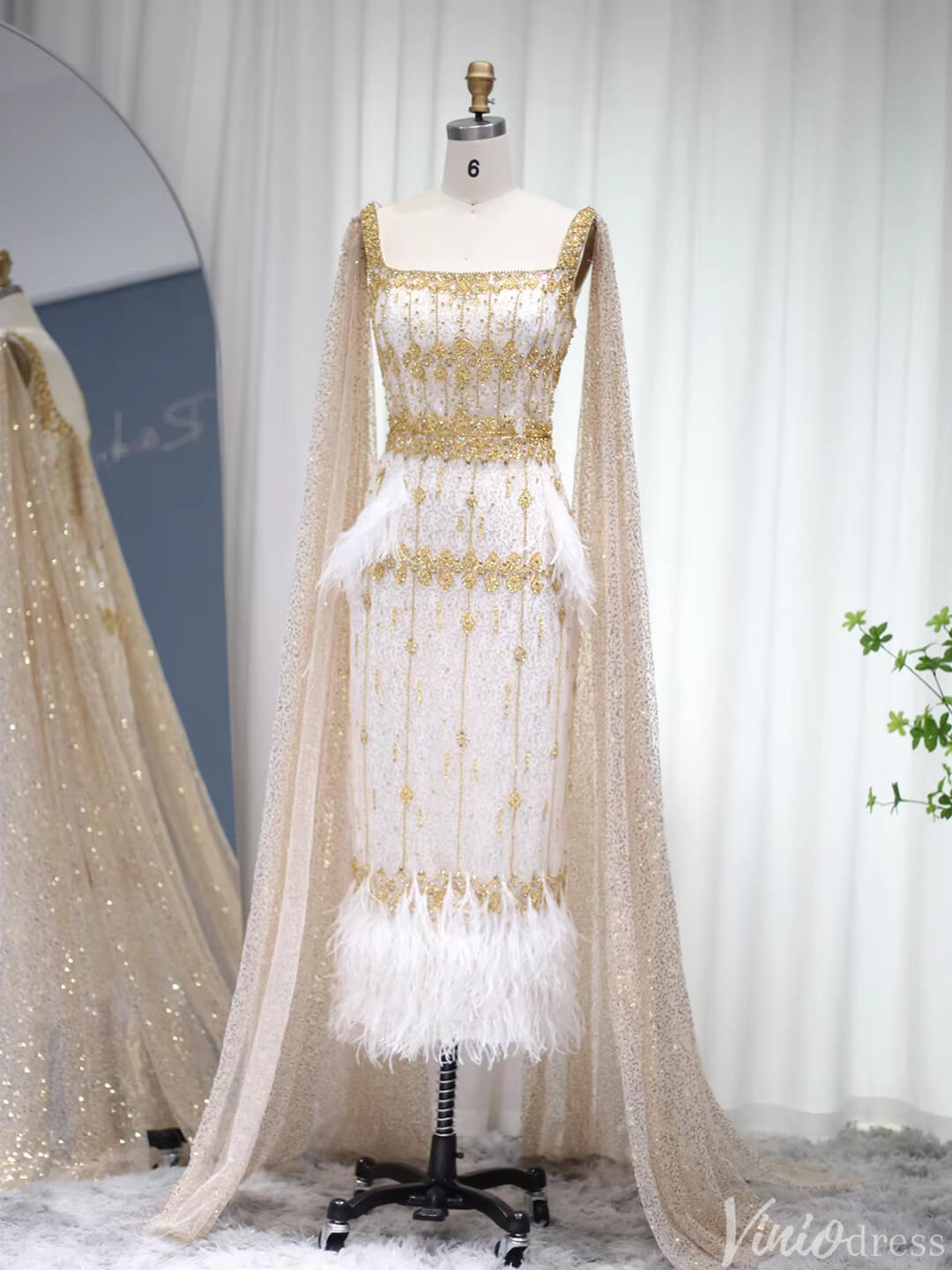 Ankle Length Beaded Feather Wedding Guest Dresses Cape Sleeve 20s Evening Dress 20058-Evening Dresses 2025 -Viniodress-Pink-US 2-