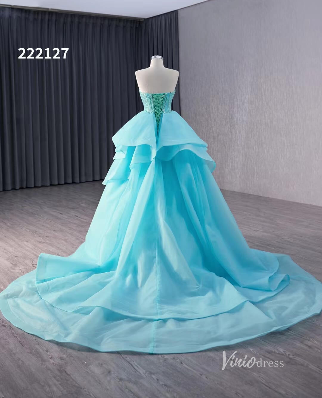Aqua Blue Beaded Wedding Dresses with Overskirt Strapless Formal Gown – Viniodress