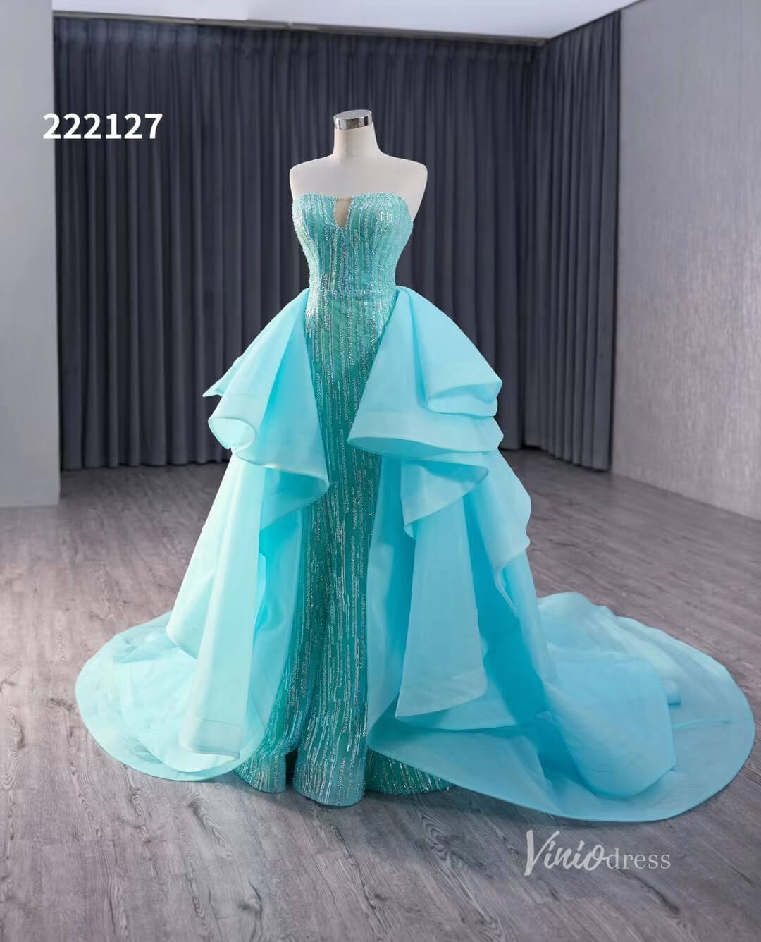 Aqua Blue Beaded Wedding Dresses with Overskirt Strapless Formal Gown 222127-wedding dresses 2025 -Viniodress-Aqua-Custom Size-