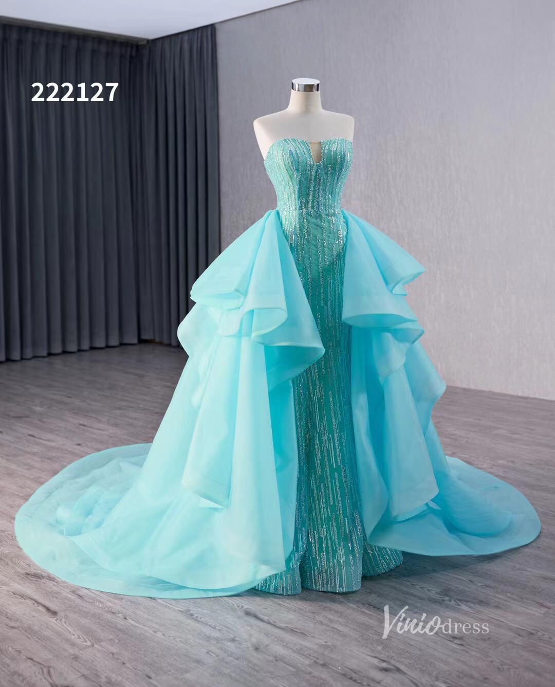 Aqua Blue Beaded Wedding Dresses with Overskirt Strapless Formal Gown – Viniodress