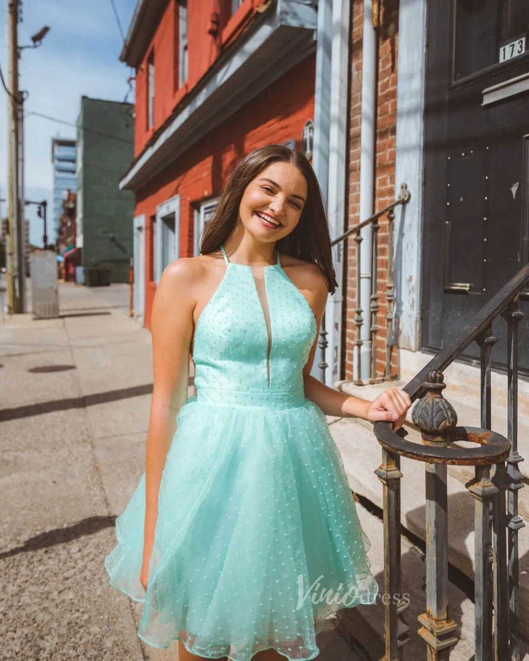 Aqua Blue Dotted Homecoming Dresses Halter Party Dress SD1228-Homecoming Dresses 2025 -Viniodress-Aqua-Custom Size-