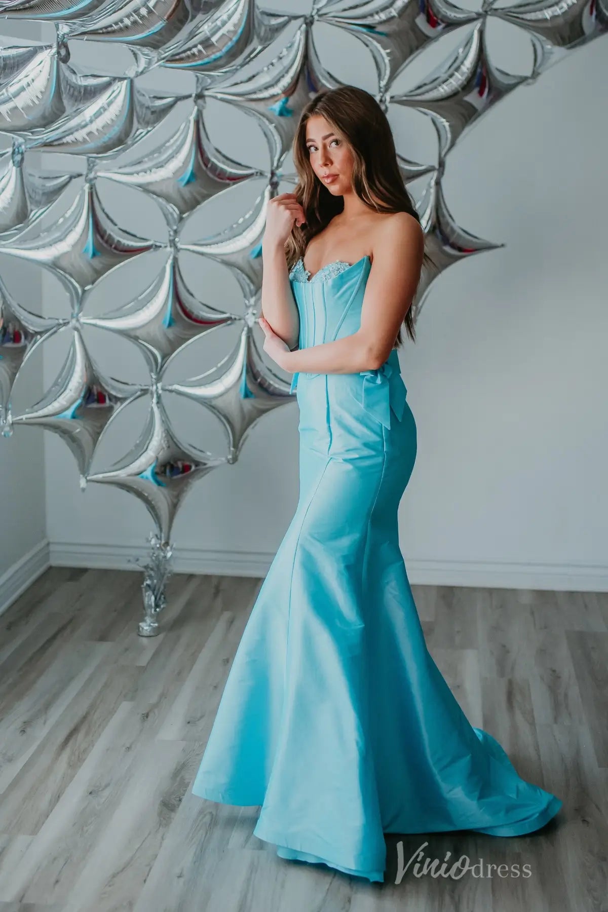 Aqua Blue Mermaid Prom Dress with Lace Sweetheart Neck and Satin Bows – SS092 – Viniodress