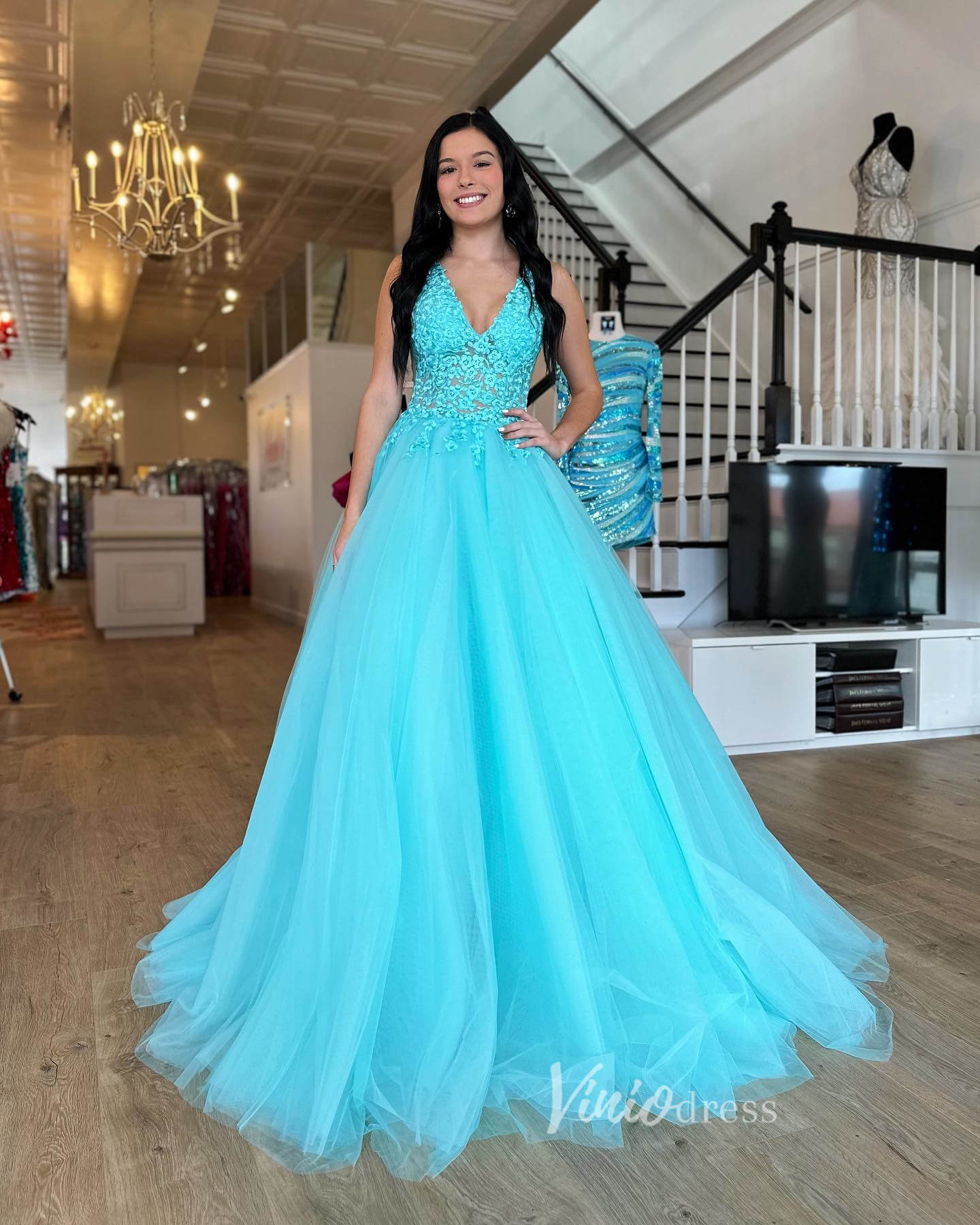Aqua Lace Applique Prom Dresses V-Neck Formal Gown FD3610 – Viniodress