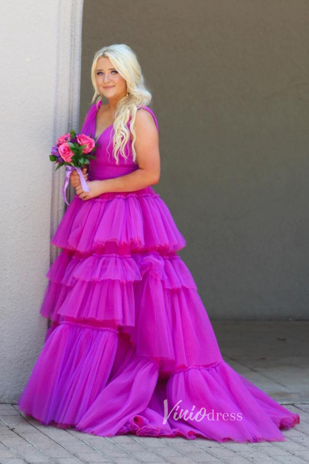 Aqua Ruffled Tulle Prom Dresses Plunging V-Neck Formal Gown FD3252-prom dresses 2025 -Viniodress-Aqua-Custom Size-