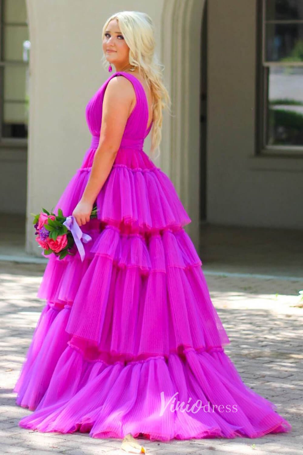 Aqua Ruffled Tulle Prom Dresses Plunging V-Neck Formal Gown FD3252-prom dresses 2025 -Viniodress-Aqua-Custom Size-