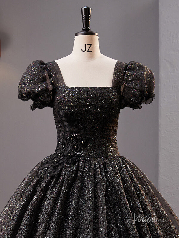 Prom Dress 2025 Black Sparkly Tulle Puffed Sleeve Prom Ball Gown Lace Applique Quinceanera Dresses BG056-unique prom dresses-Black-Custom Size-Viniodress