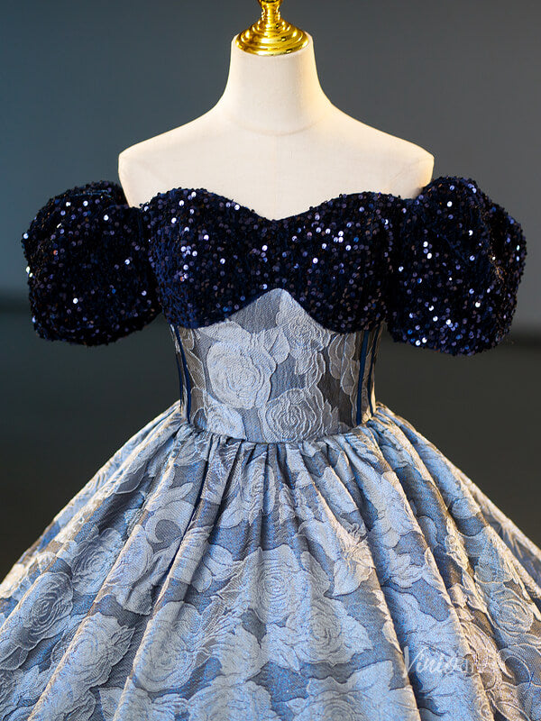 Prom Dress 2025 Dusty Blue Floral Jacquard Prom Ball Gown Sequin Puffed Sleeve Quinceanera Dresses BG065-unique prom dresses-Dusty Blue-Custom Size-Viniodress