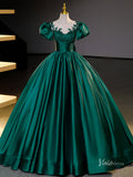 Prom Dress 2025 Green Satin Puffed Sleeve Prom Ball Gown Lace Applique Boat Neck Quinceanera Dresses BG066-unique prom dresses-Green-Custom Size-Viniodress