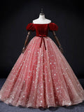 Prom Dress 2025 Red Starry Tulle Prom Ball Gown Velvet Puffed Sleeve Quinceanera Dresses BG069-unique prom dresses-Red-Custom Size-Viniodress