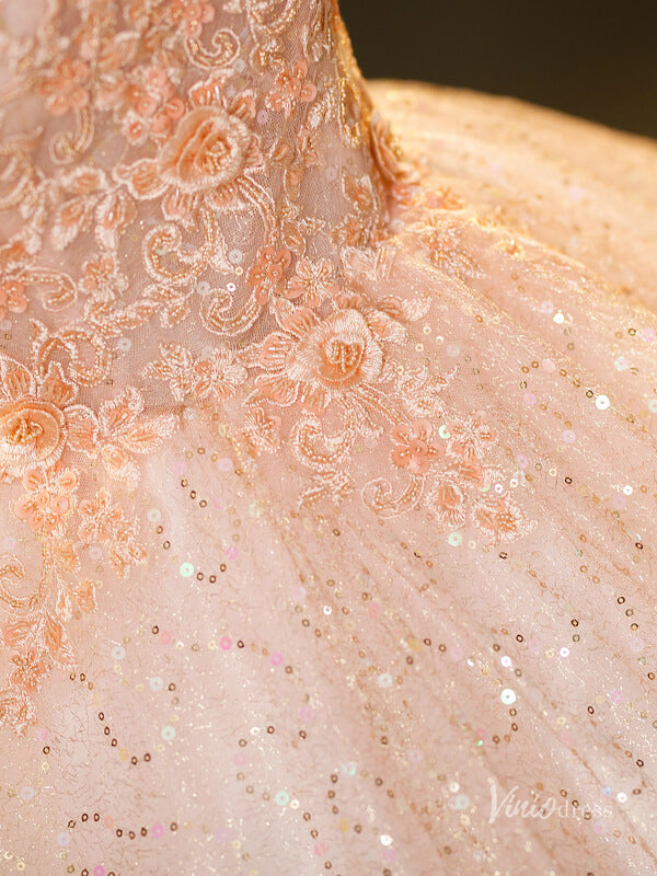 Prom Dress 2025 Blush Pink Sequin Lace Prom Ball Gown Puffed Sleeve High Neck Quinceanera Dresses BG070-unique prom dresses-Blush Pink-Custom Size-Viniodress