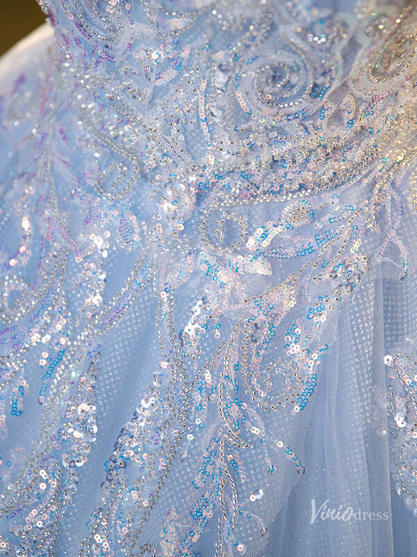 Prom Dress 2025 Light Blue Sparkly Tulle Prom Ball Gown Puffed Sleeve Sequin Lace Applique Quinceanera Dresses BG071-unique prom dresses-Light Blue-Custom Size-Viniodress