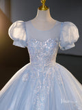 Prom Dress 2025 Light Blue Sparkly Tulle Prom Ball Gown Puffed Sleeve Sequin Lace Applique Quinceanera Dresses BG071-unique prom dresses-Light Blue-Custom Size-Viniodress