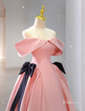 Prom Dress 2025 Pink Satin Off the Shouler Prom Dresses Bow Tie Formal Gown BG083-unique prom dresses-Pink-Custom Size-Viniodress