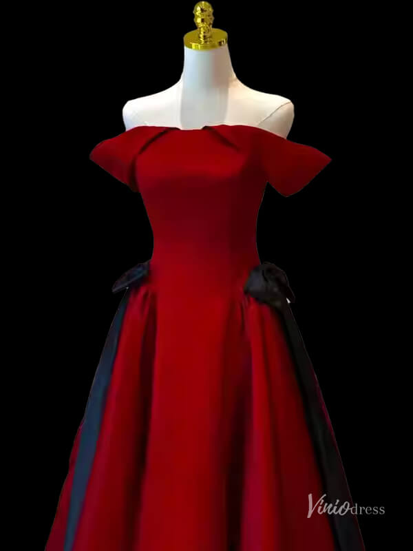 Prom Dress 2025 Red Satin Off the Shouler Prom Dresses Bow Tie Formal Gown BG084-unique prom dresses-Red-Custom Size-Viniodress