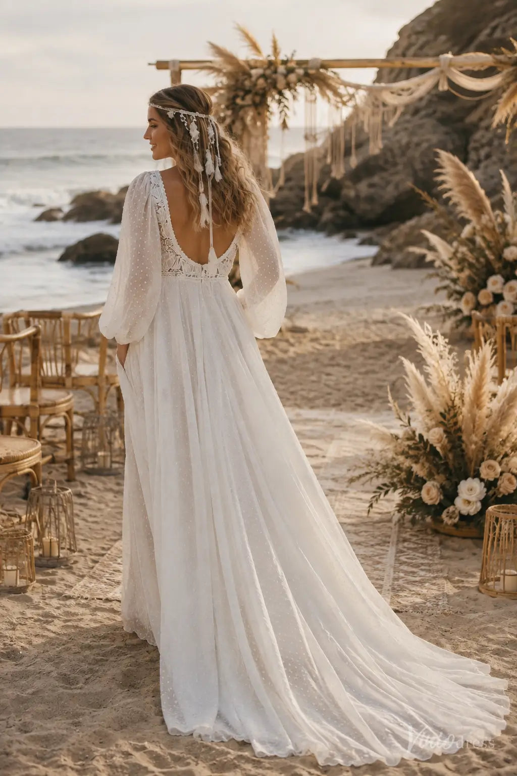Boho Lace Beach Wedding Dress with Long Puff Sleeves & Deep V-Neck BH117