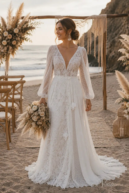 Boho Lace Beach Wedding Dress with Long Puff Sleeves & Deep V-Neck BH117