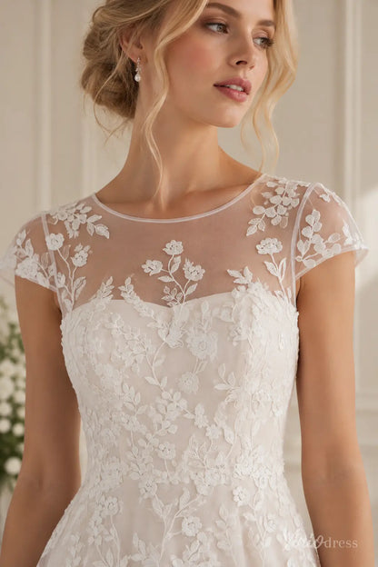 Floral Lace A-Line Wedding Dress with Cap Sleeves and Keyhole Back - BH118