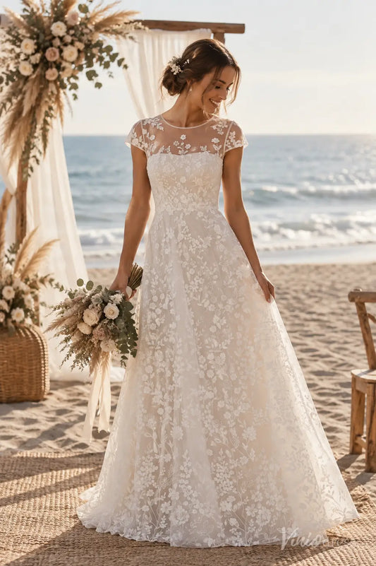 Floral Lace A-Line Wedding Dress with Cap Sleeves and Keyhole Back - BH118