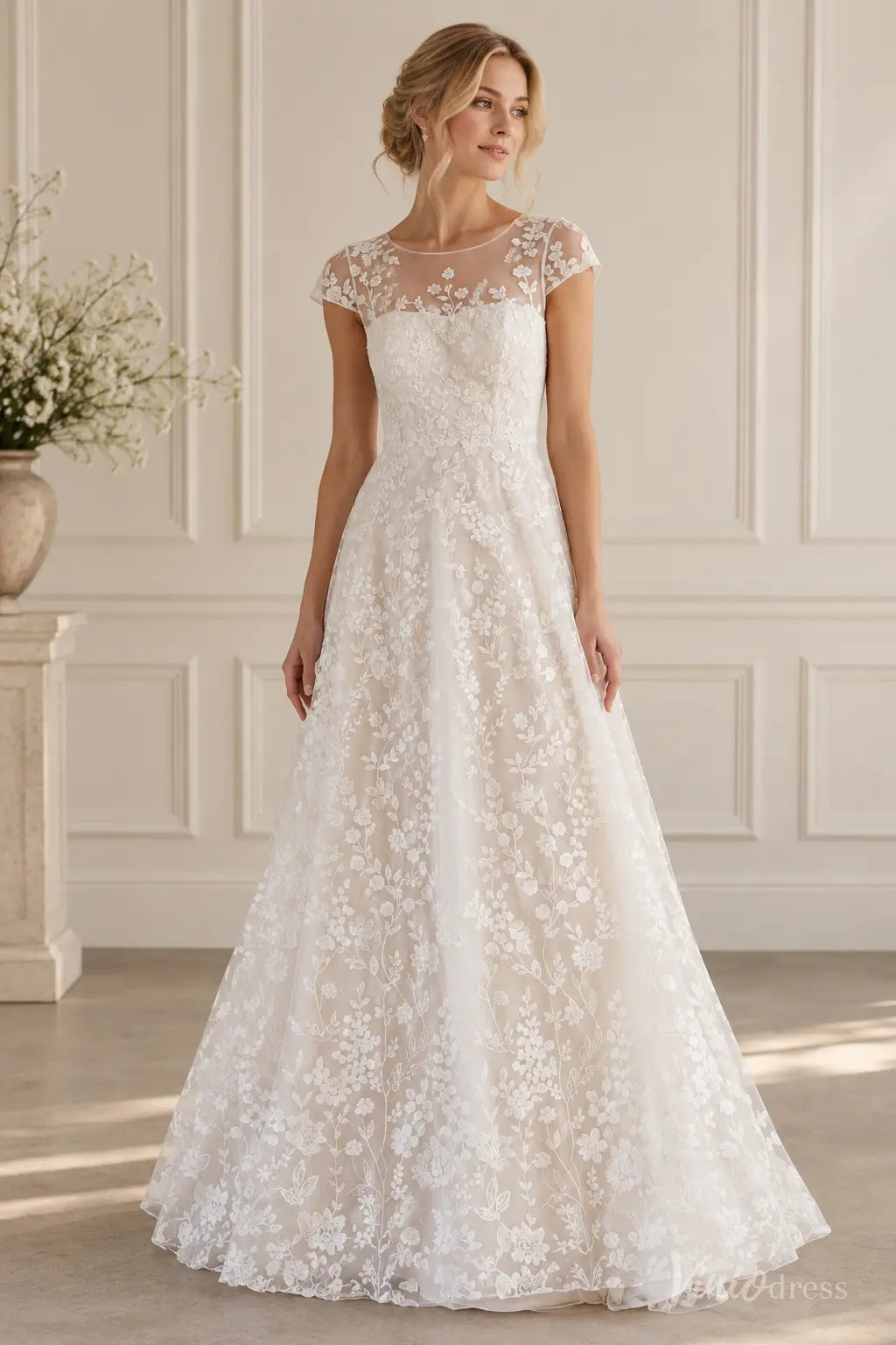 Floral Lace A-Line Wedding Dress with Cap Sleeves and Keyhole Back - BH118