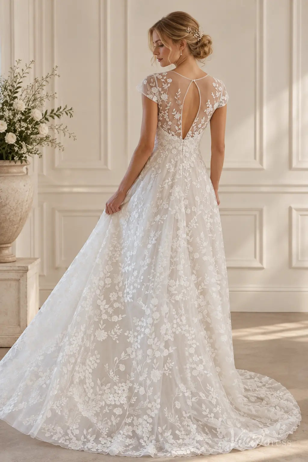 Floral Lace A-Line Wedding Dress with Cap Sleeves and Keyhole Back - BH118