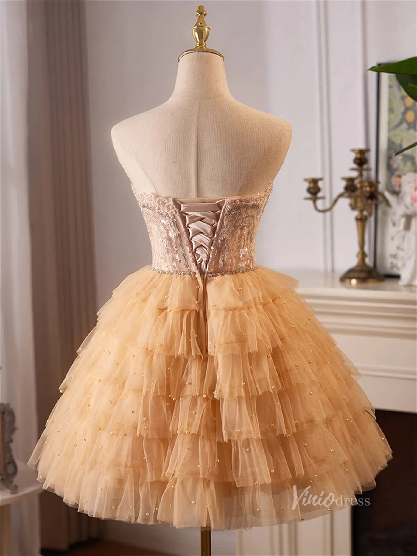 Champagne Ruffled Tiered Homecoming Dresses Strapless Lace Short Prom Dress BJ060