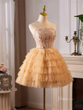 Champagne Ruffled Tiered Homecoming Dresses Strapless Lace Short Prom Dress BJ060