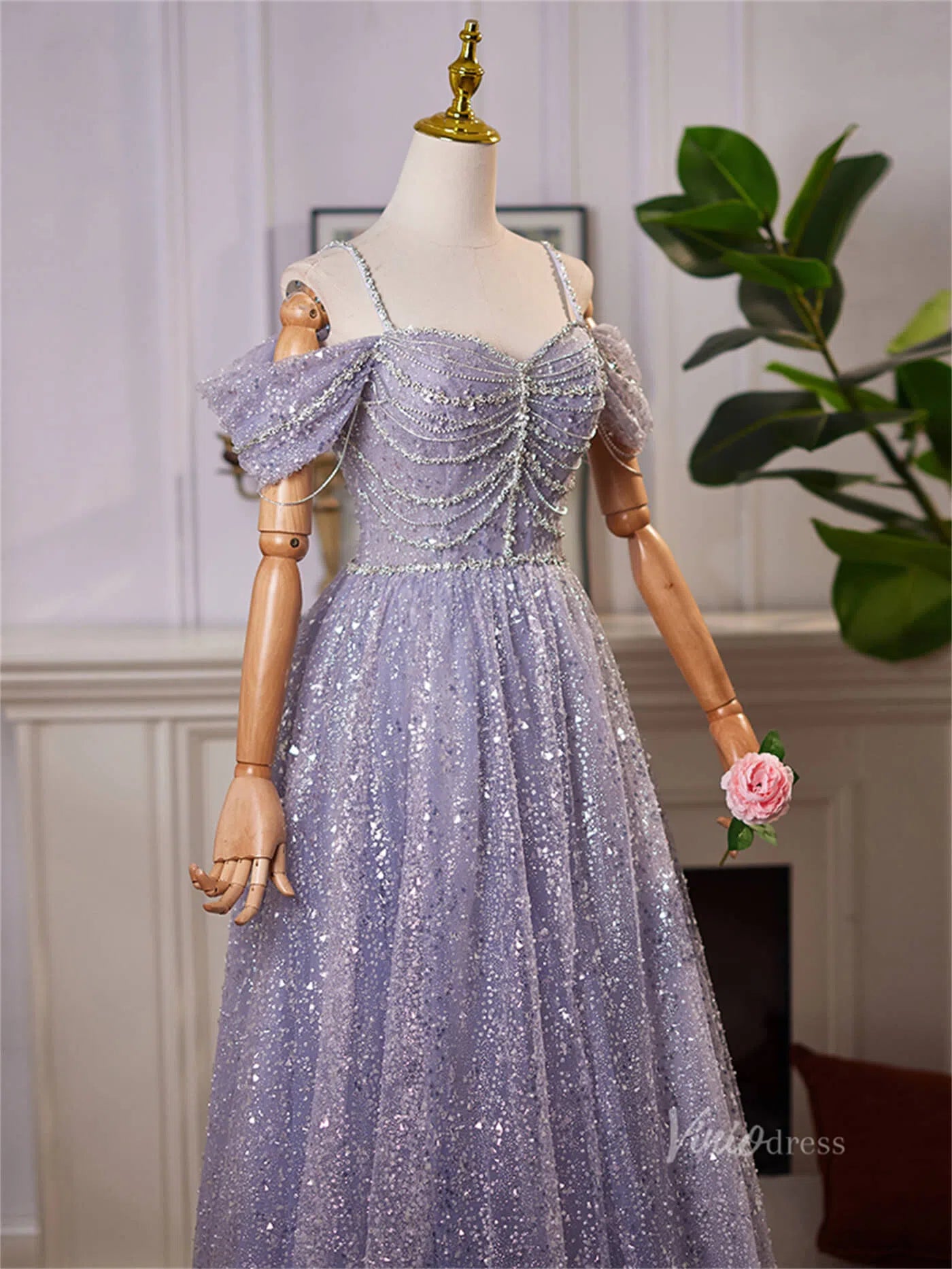 Lavender Off the Shoulder Spaghetti Strap Prom Dresses Beaded Lace Formal Dress BJ061