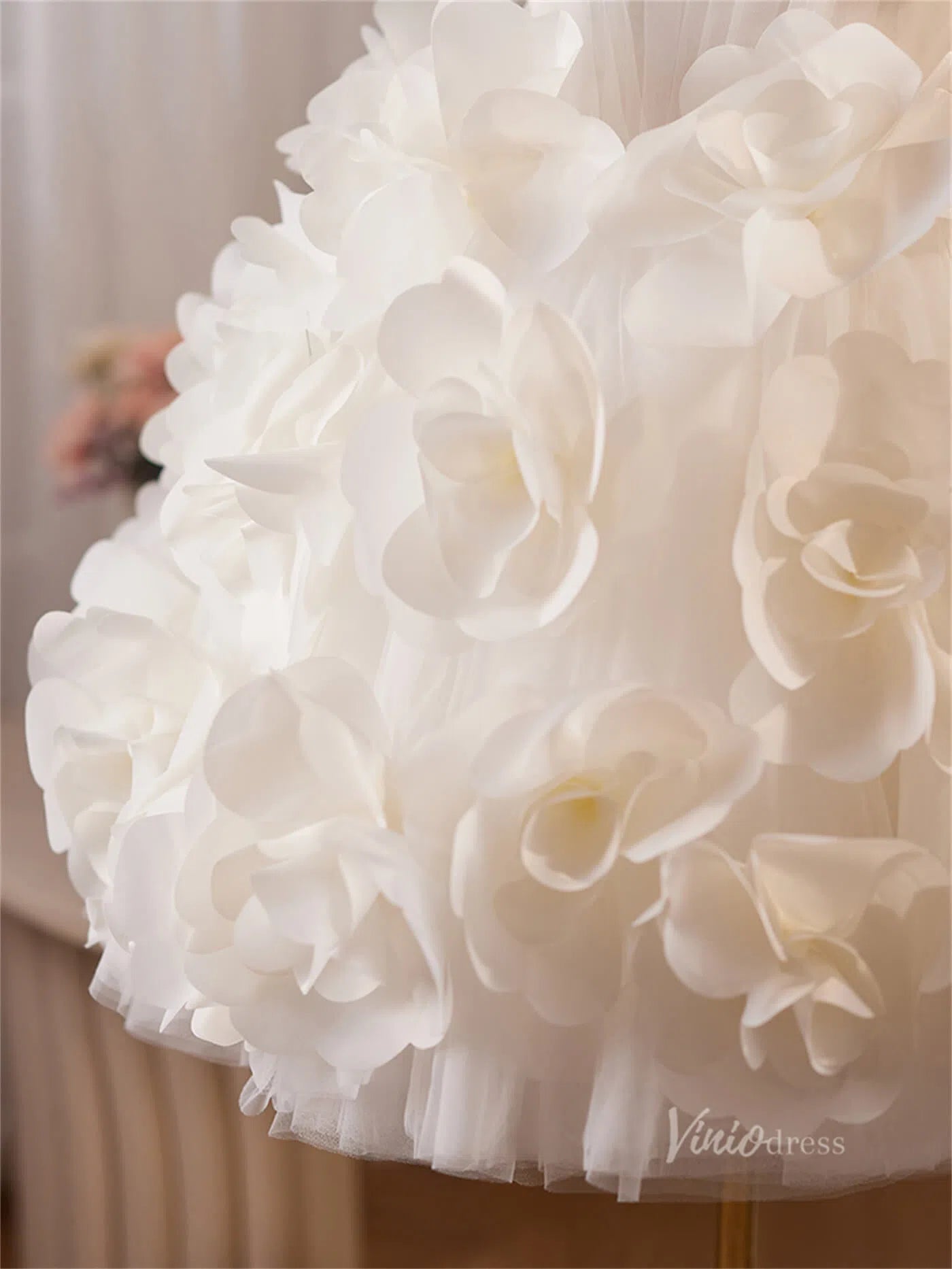 Ivory 3D Flower Rosette Homecoming Dresses Strapless Ruffled Short Prom Dress BJ063