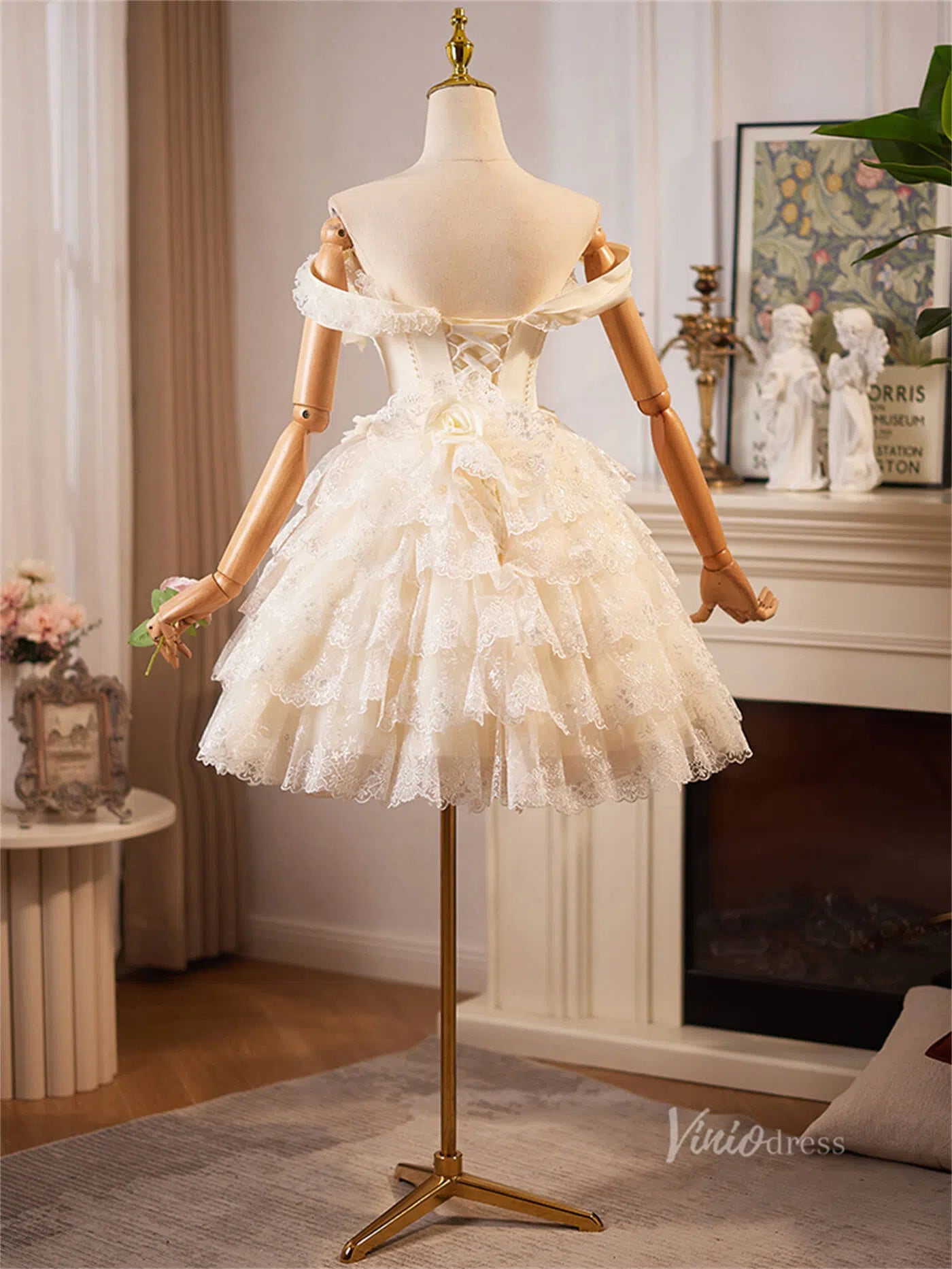 Champagne Ruffled Lace 3D Flower Homecoming Dresses Off the Shoulder Short Prom Dress BJ065