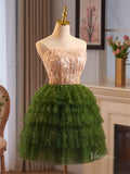 Green Ruffled Tiered Homecoming Dresses Strapless Lace Short Prom Dress BJ067