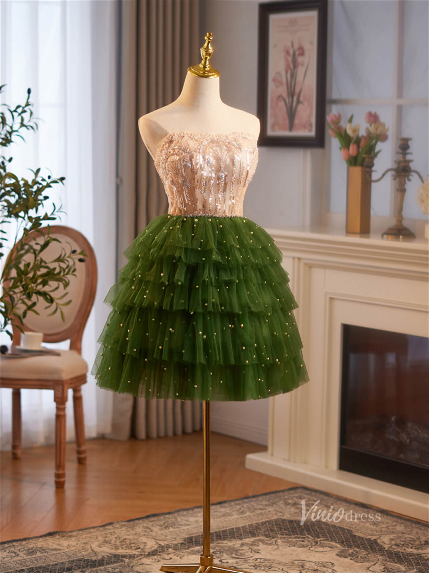 Green Ruffled Tiered Homecoming Dresses Strapless Lace Short Prom Dress BJ067