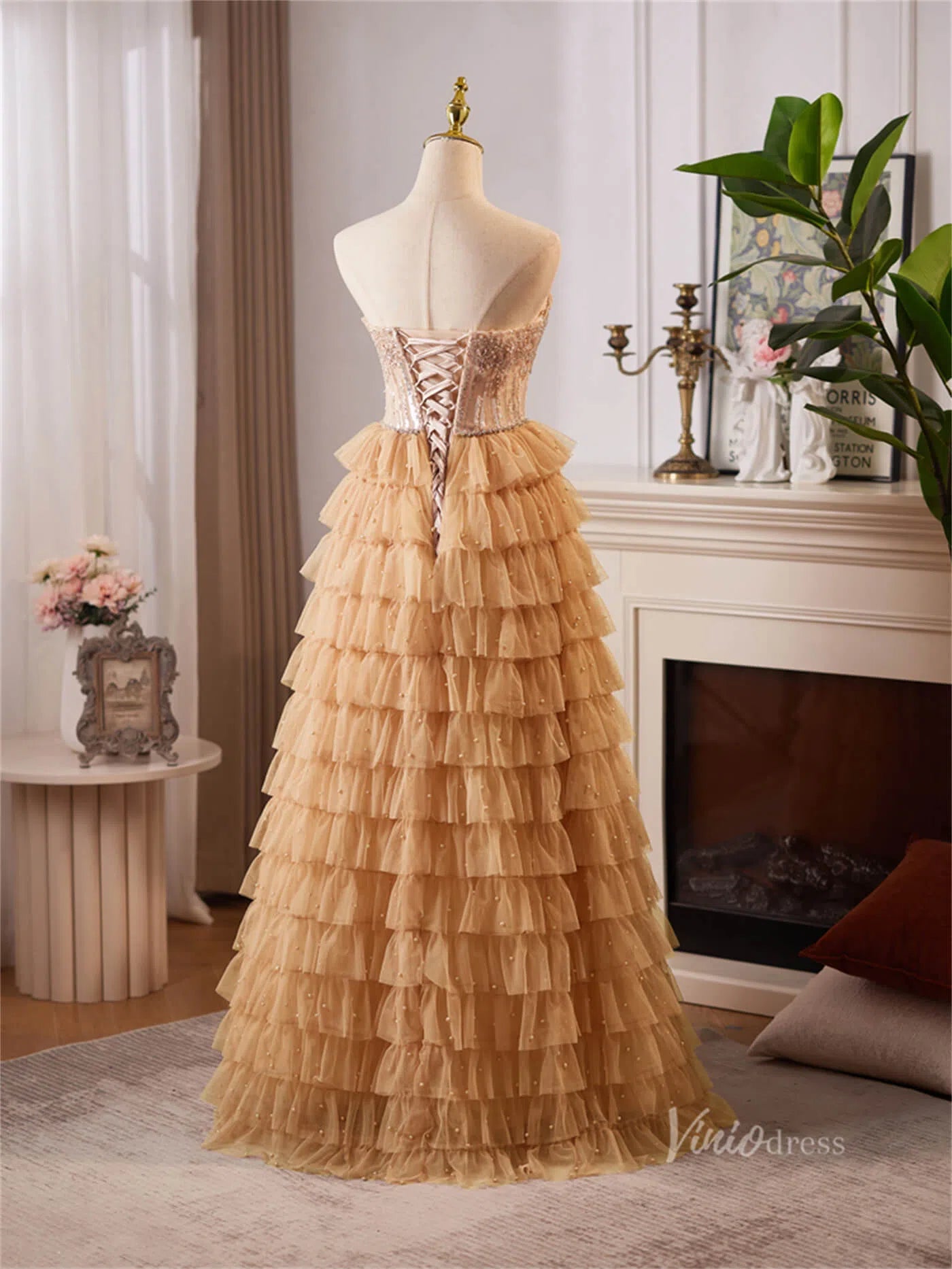 Champagne Ruffled Tiered Strapless Prom Dresses Beaded Lace Formal Dress BJ068