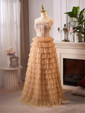 Champagne Ruffled Tiered Strapless Prom Dresses Beaded Lace Formal Dress BJ068