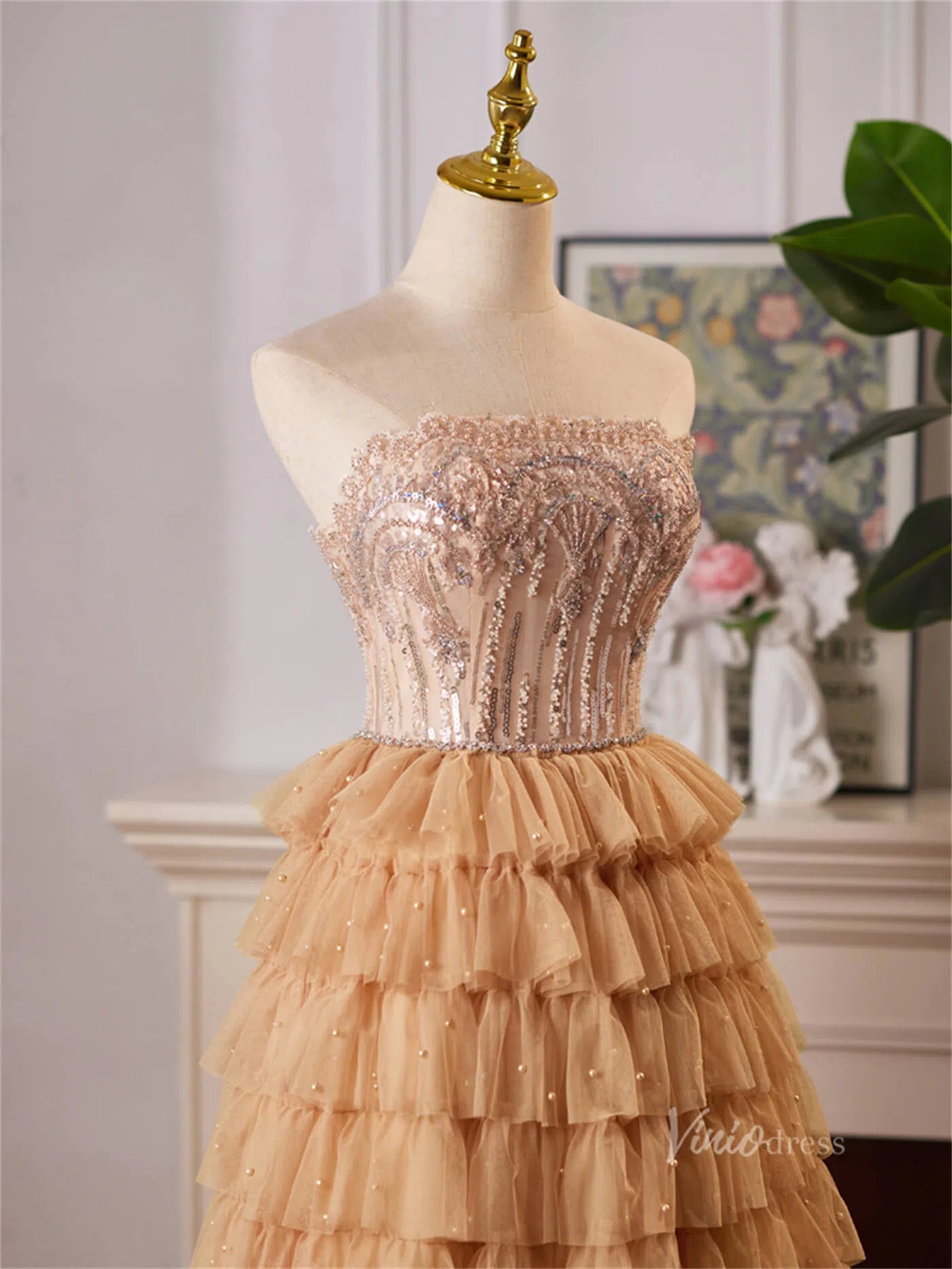 Champagne Ruffled Tiered Strapless Prom Dresses Beaded Lace Formal Dress BJ068