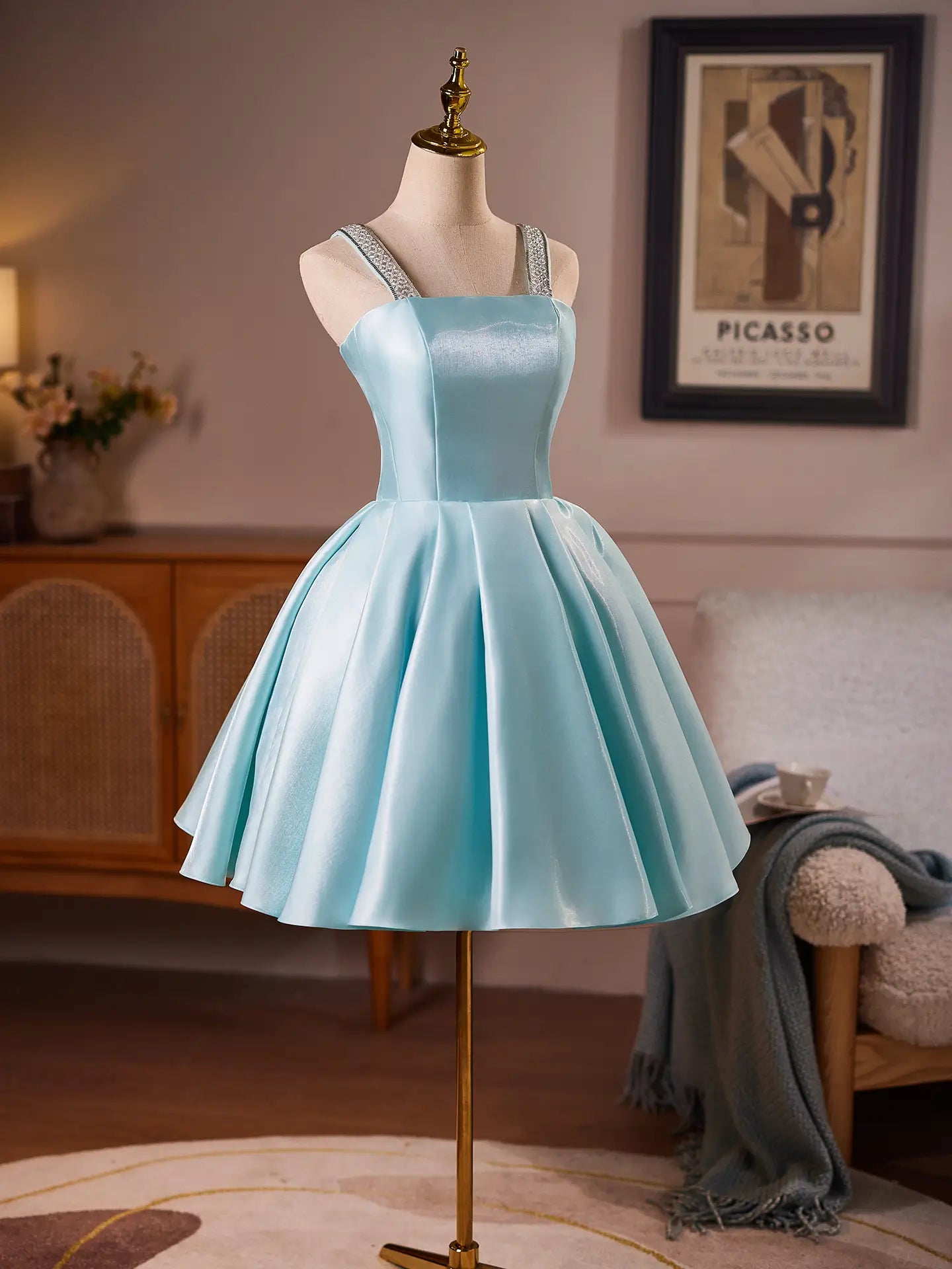 Vestidos de fiesta azul bebé con cuello en V y bolsillos SD1400