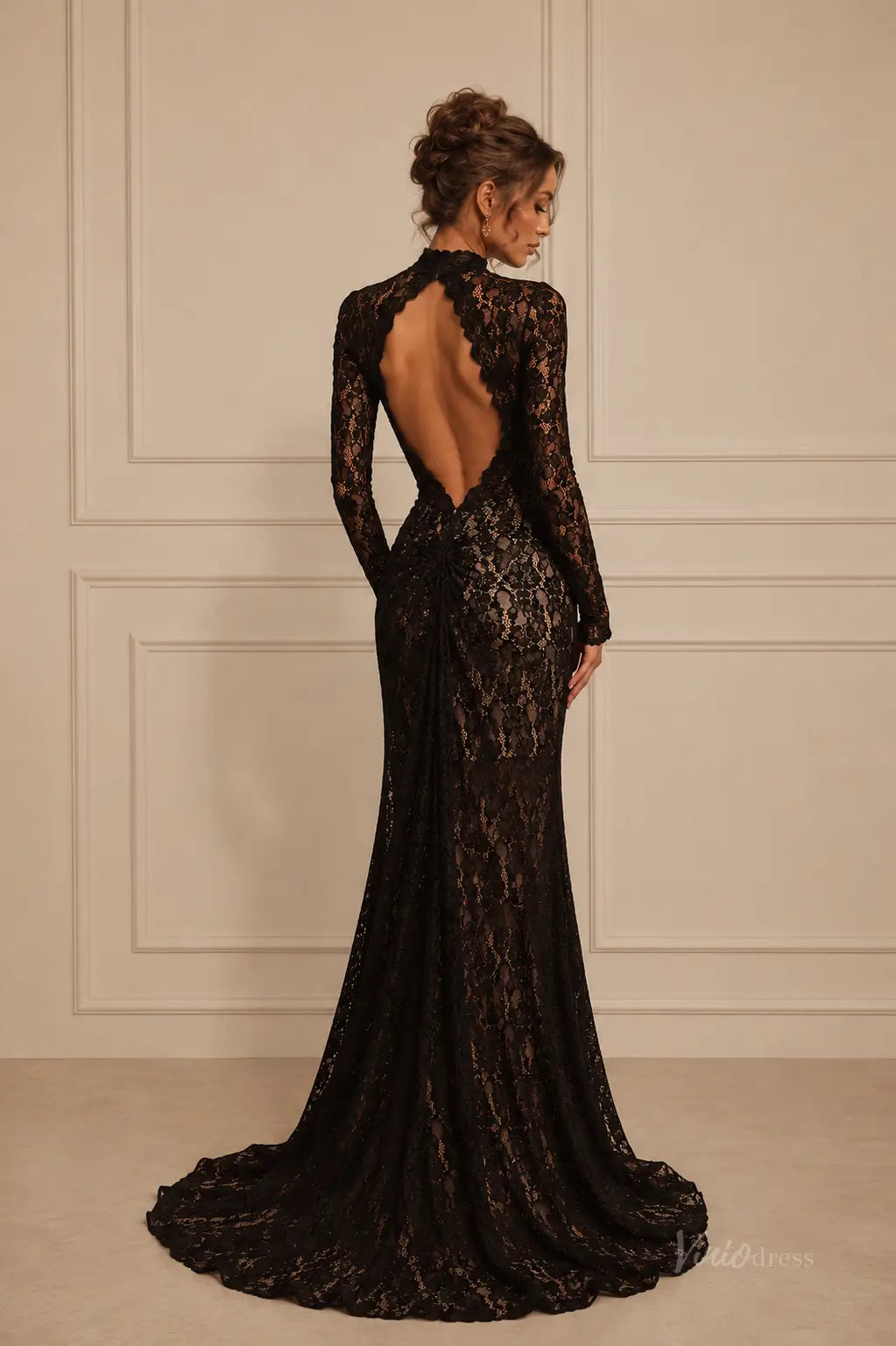 BK127 black lace floor-length evening gown featuring long sleeves, a high neck, and a dramatic open back design.