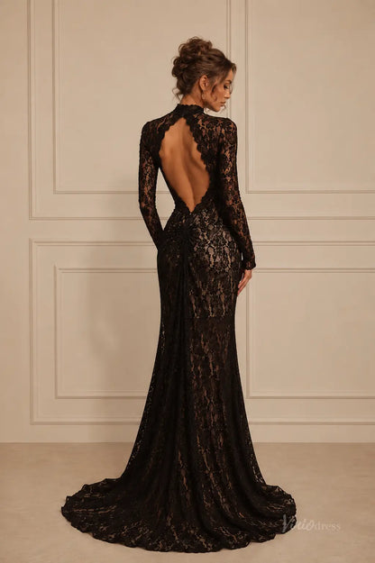 BK127 black lace floor-length evening gown featuring long sleeves, a high neck, and a dramatic open back design.
