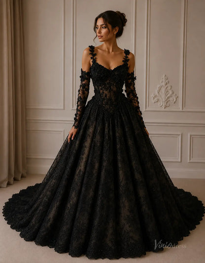 3D Floral Lace Black Ball Gown Wedding Dress with Detachable Sleeves - BK129