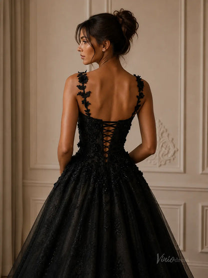 Black lace ball gown with floral straps, corset back, and full tulle skirt for a sophisticated evening look.