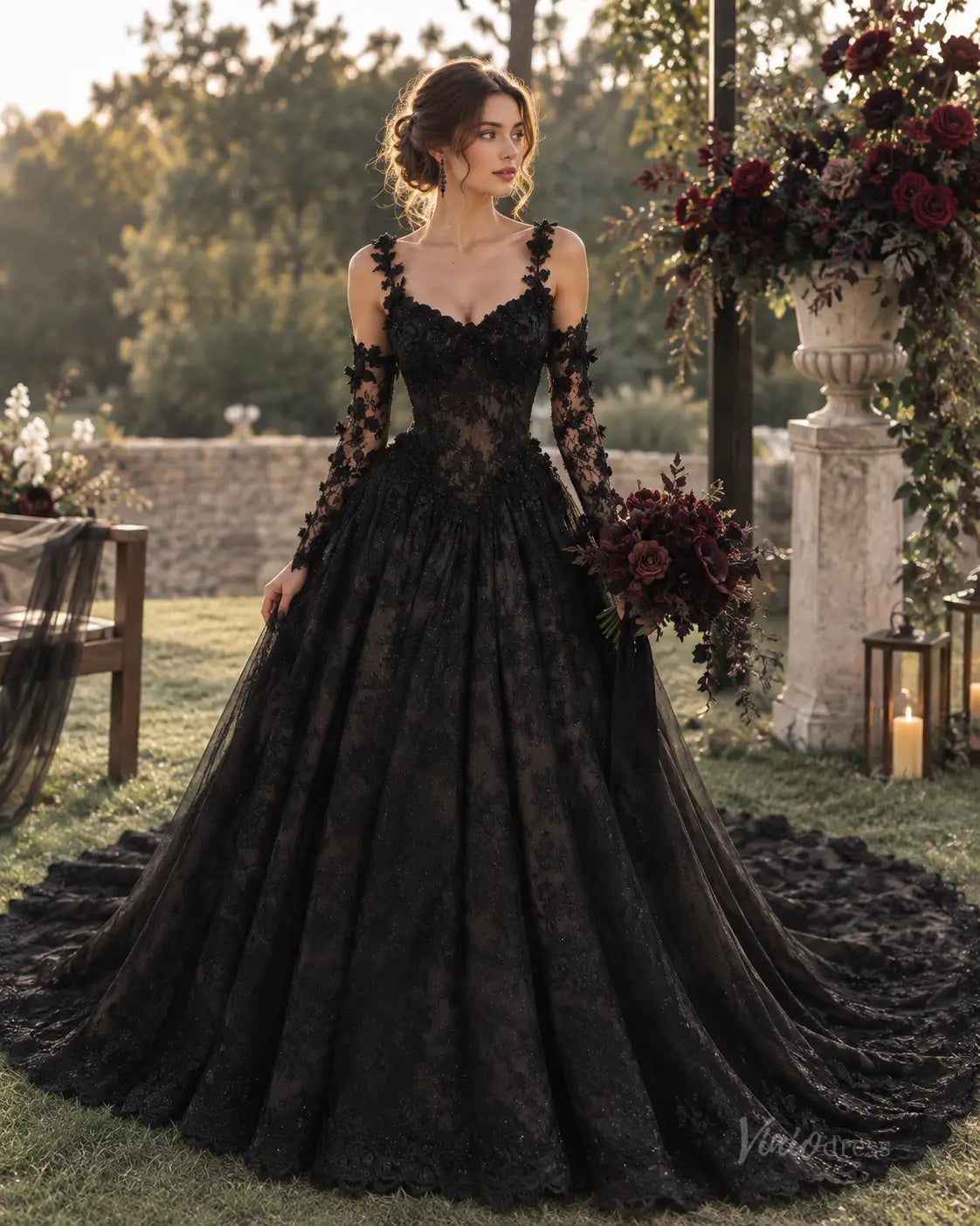 BK129 black lace ball gown wedding dress with long sleeves, sweetheart neckline, and a dramatic floor-length train.
