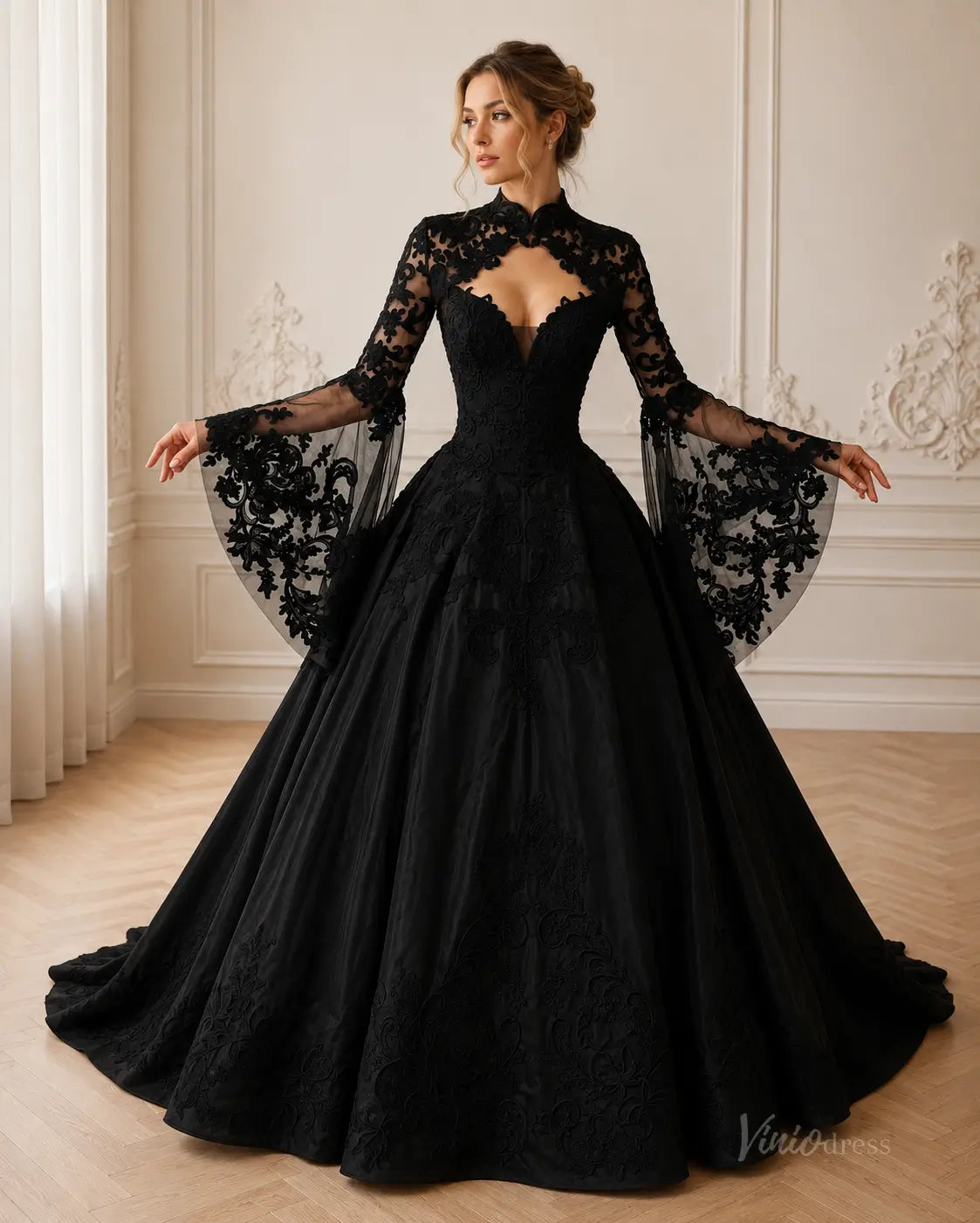 Black gothic ball gown with long bell sleeves, intricate lace embroidery, and a high-neck bodice in a full-skirt silhouette.