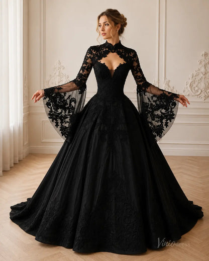 Black gothic ball gown with long bell sleeves, intricate lace embroidery, and a high-neck bodice in a full-skirt silhouette.