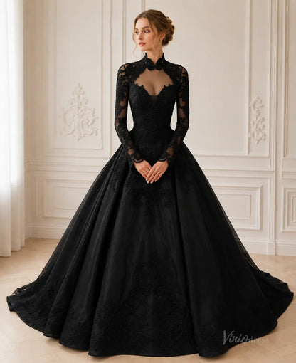 Black ball gown with long lace sleeves, high neckline, and intricate embroidery on a full, voluminous skirt.