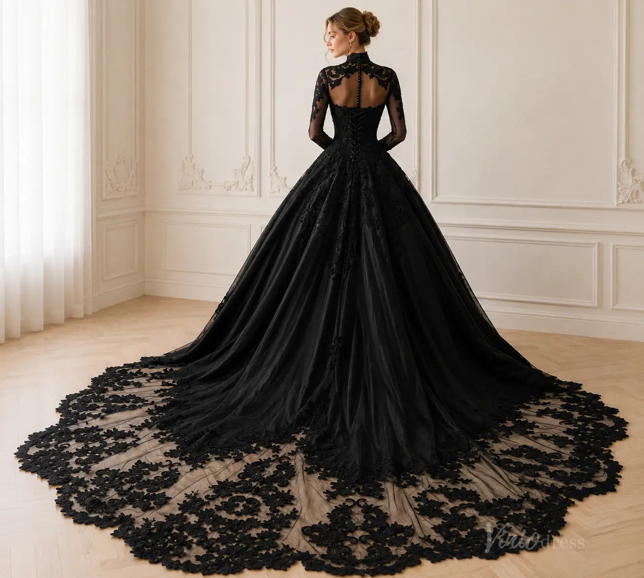 Black lace ball gown wedding dress with long sleeves, high neck, corset back, and an ornate, dramatic cathedral train.