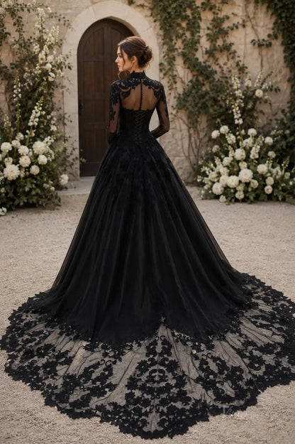 Black long-sleeve wedding dress with intricate lace detailing, high neckline, corset back, and a dramatic floor-length train.