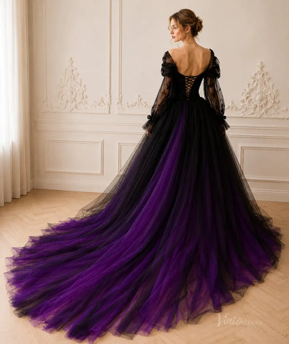 Black and purple tulle ball gown with long sheer lace sleeves, corset back, and a dramatic floor-length train.